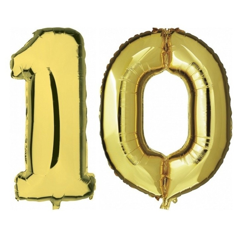 10 jaar gouden folie ballonnen 88 cm leeftijd-cijfer