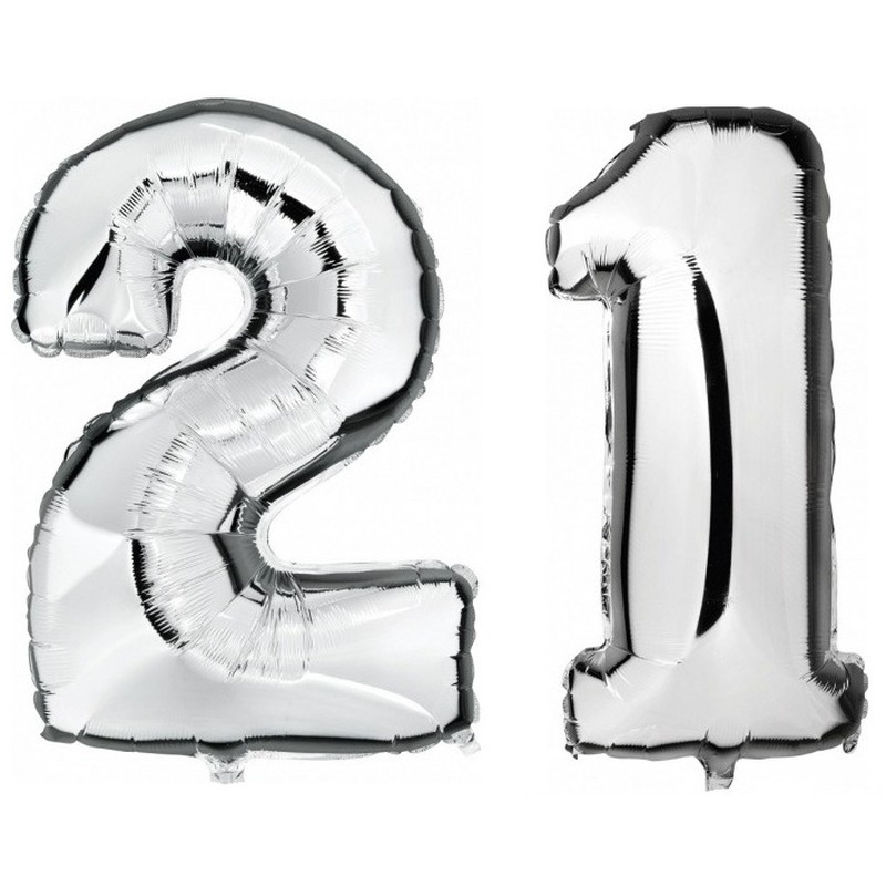 21 jaar zilveren folie ballonnen 88 cm leeftijd-cijfer