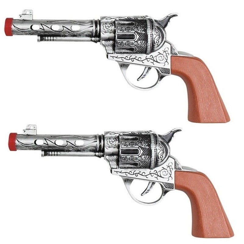 2x Western revolvers/pistolen zilver 22 cm