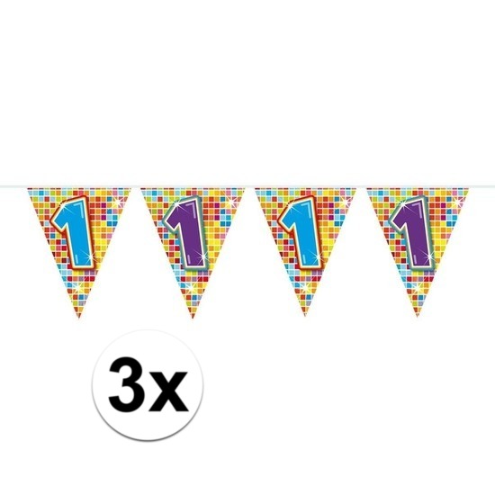 3x Mini vlaggenlijn / slinger verjaardag versiering 1 jaar