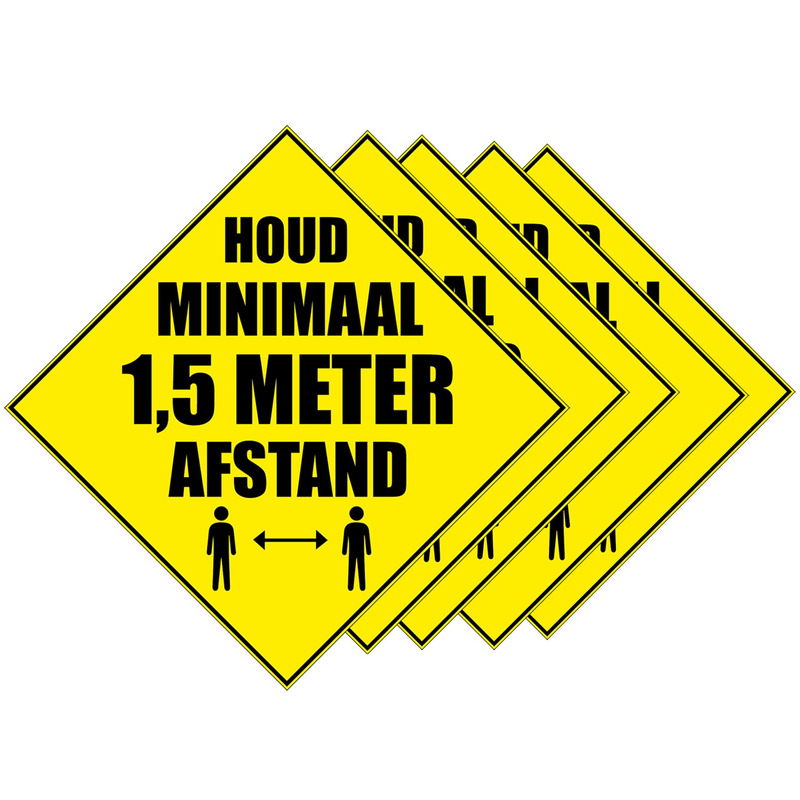 5x Waarschuwingssticker Houd 1,5 meter afstand sticker 10,5 cm
