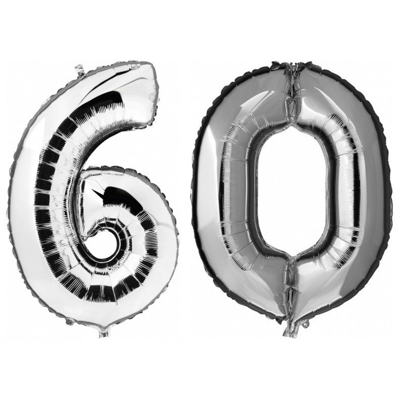60 jaar zilveren folie ballonnen 88 cm leeftijd-cijfer