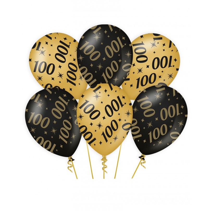 6x stuks leeftijd verjaardag feest ballonnen 100 jaar geworden zwart/goud 30 cm