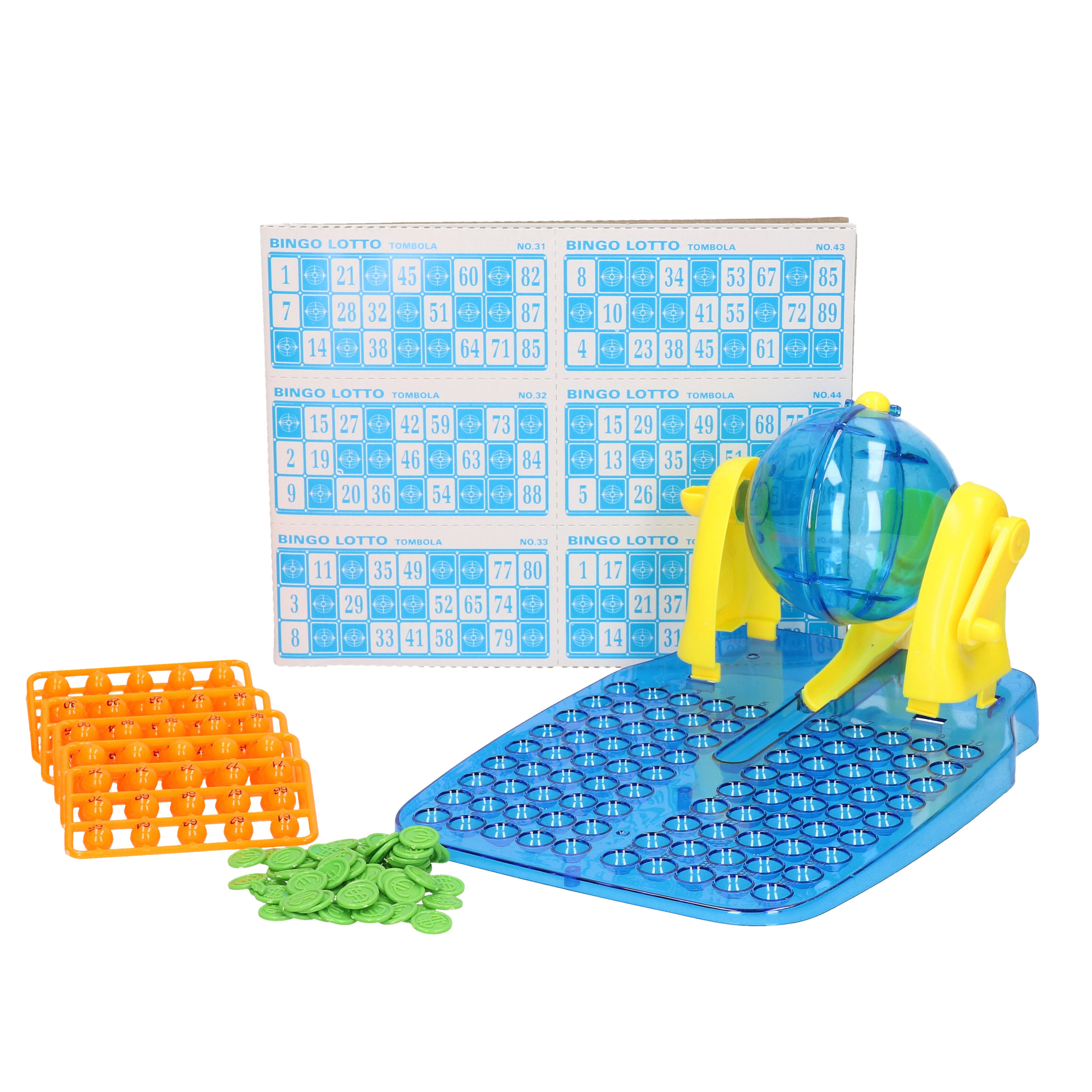 Bingo spel blauw/geel complete set nummers 1-90 met molen en bingokaarten