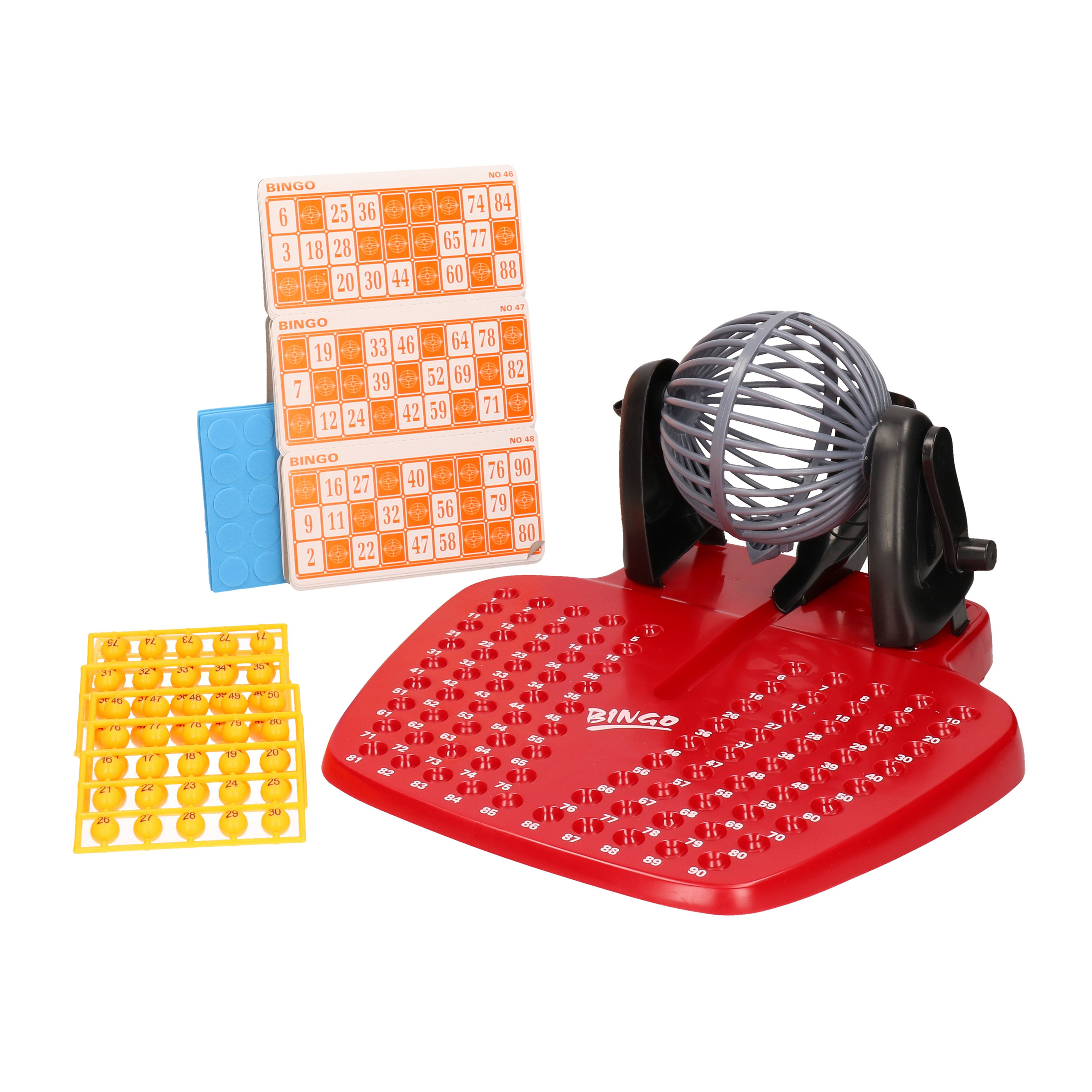 Bingo spel rood/oranje complete set nummers 1-90 met molen en bingokaarten