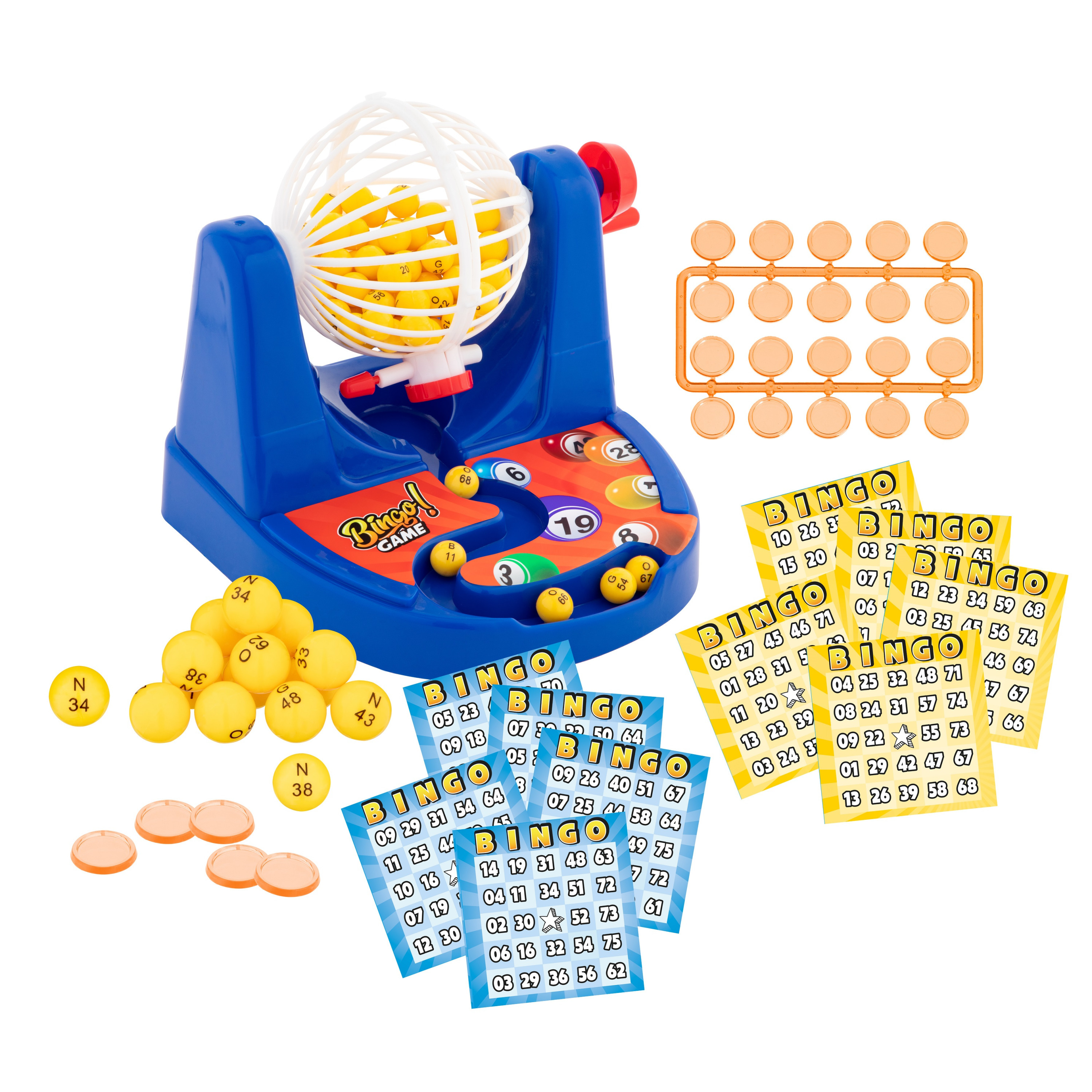 Bingo spel set blauw nummers 1-75 met molen en 35 bingokaarten
