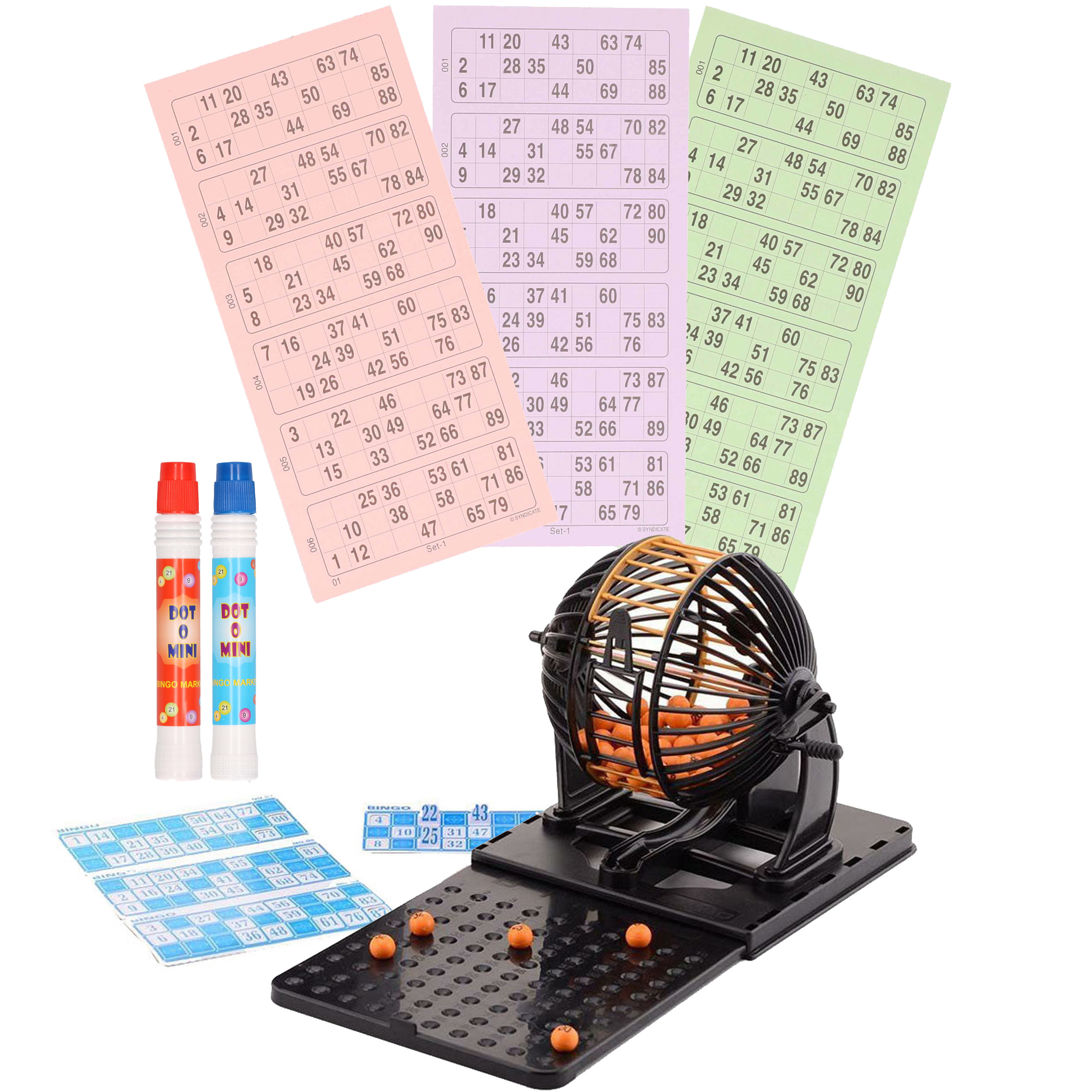 Bingo spel zwart-oranje complete set nummers 1-90 met molen-148x bingokaarten-2x stiften