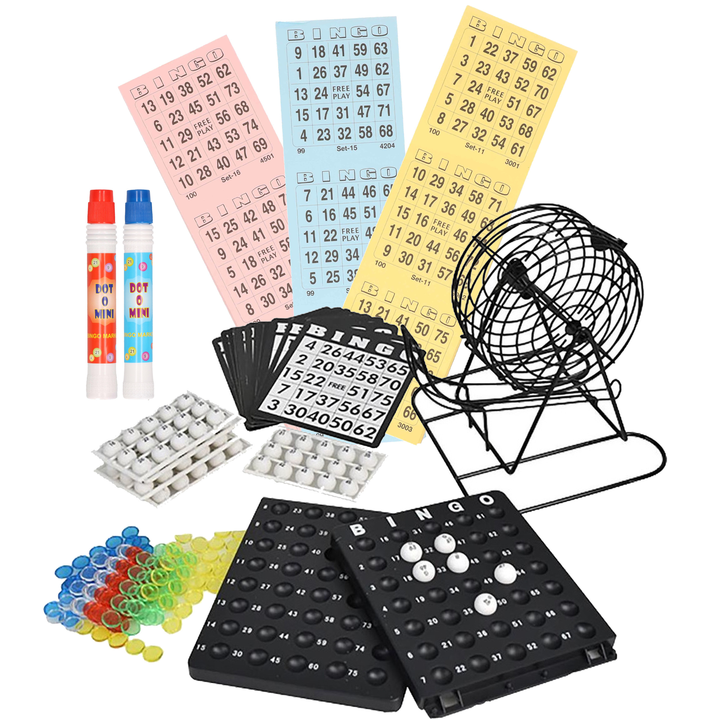 Bingo spel zwart/wit complete set 19 cm nummers 1-75 met molen/168x bingokaarten/2x stiften