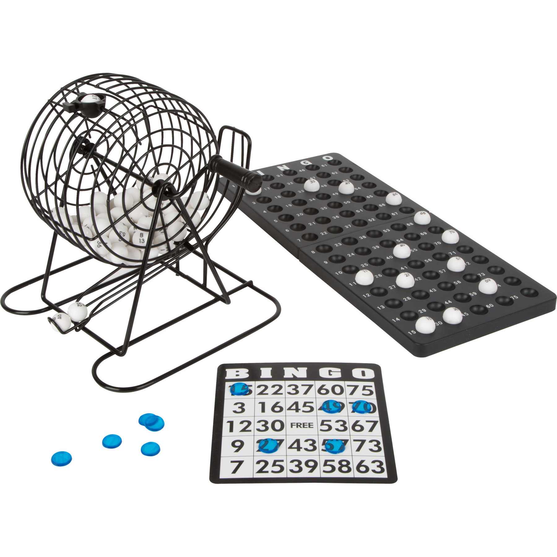 Bingo spel zwart/wit complete set 20 cm nummers 1-75 met molen/168x bingokaarten/2x stiften