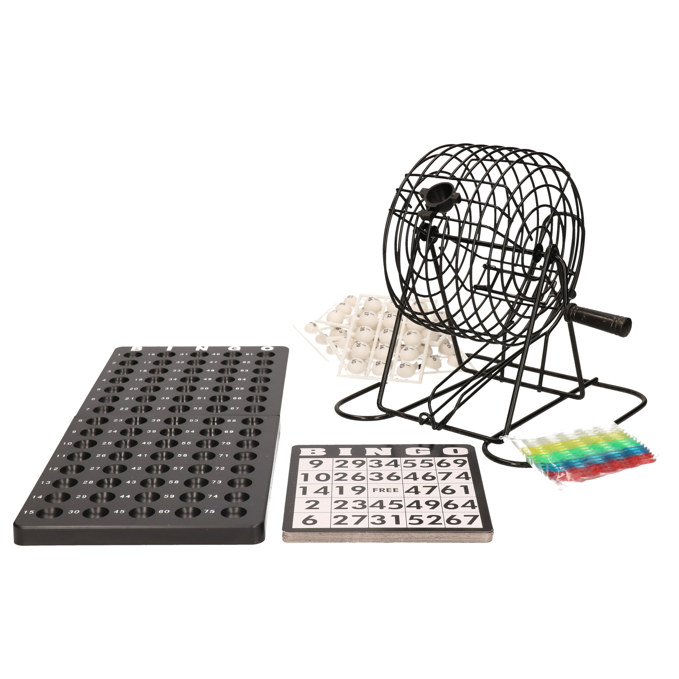 Bingo spel zwart/wit complete set 20 cm nummers 1-75 met molen/168x bingokaarten/2x stiften