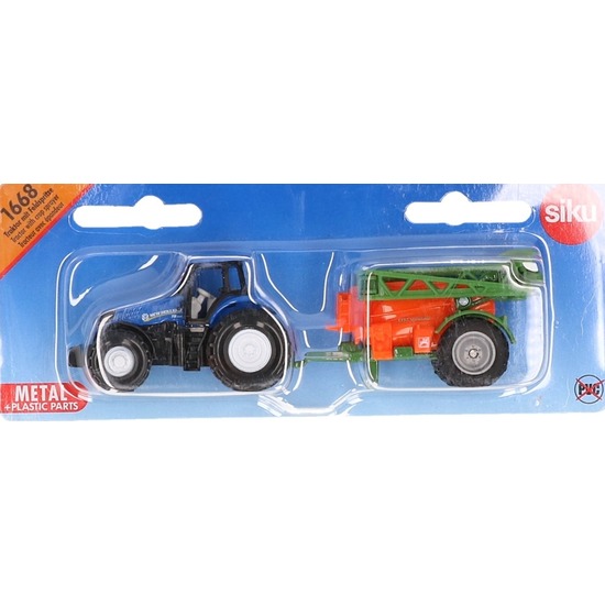 Blauwe speelgoed tractor met veldspuit