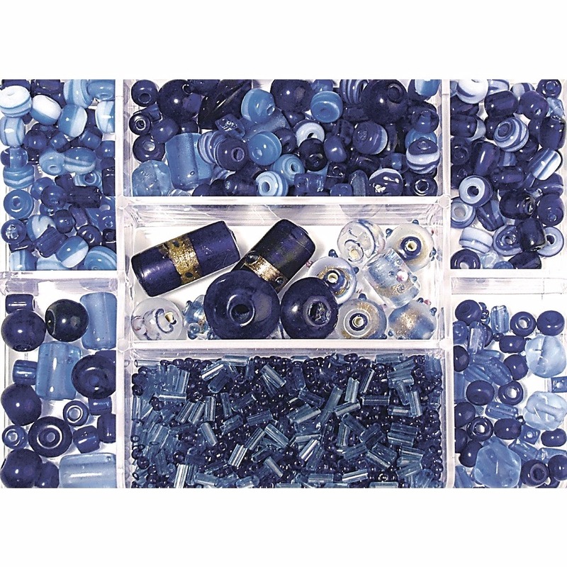 Donkerblauwe glaskralen in opbergdoos 115 gram hobbymateriaal