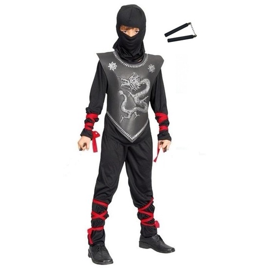 Feestkleding Ninja met vechtstokjes maat S voor kinderen