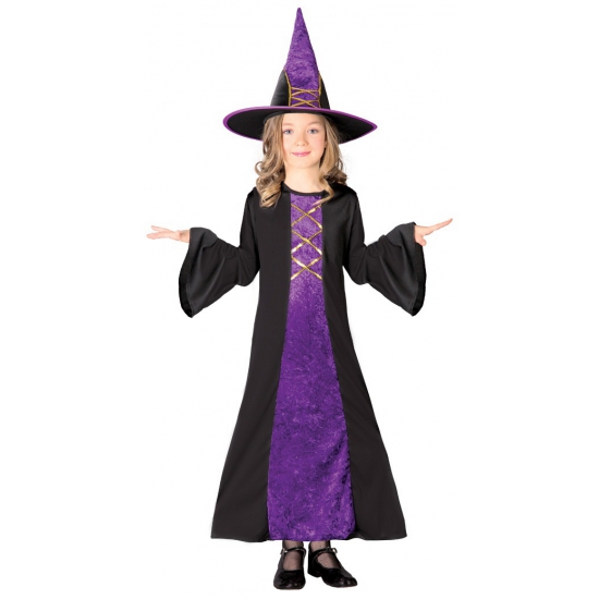Halloween heksenjurk met hoed voor kinderen paars
