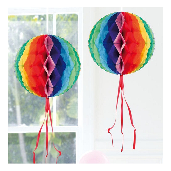 Hangende decoratie bol/bal in regenboog kleuren dia 30 cm