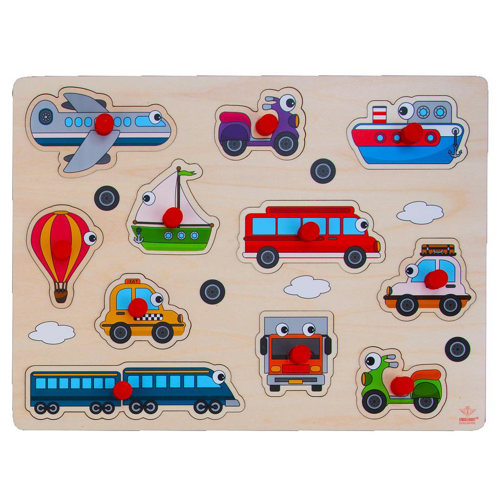 Houten knopjes-noppen speelgoed puzzel voertuigen thema 30 x 22 cm