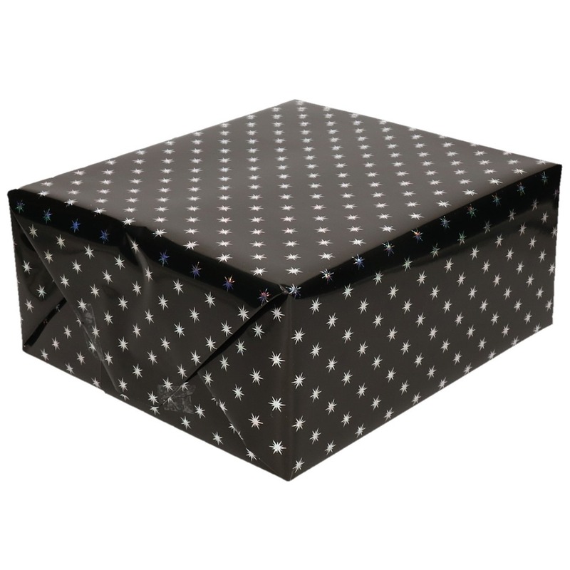 Inpakpapier-cadeaupapier holografisch zwart sterren 150 x 70 cm