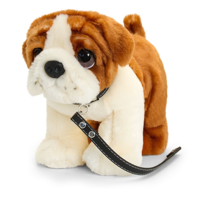 Keel Toys pluche bruin/witte Bulldog met riem knuffel 30cm