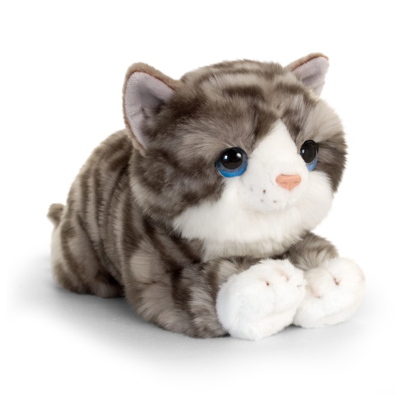 Keel Toys pluche grijs-witte kat-poes knuffel 32 cm