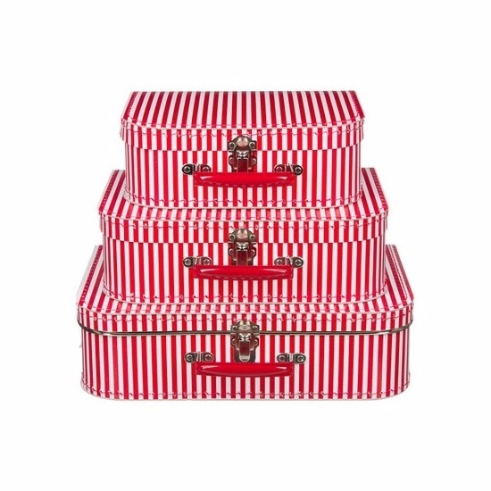 Kinderkamer koffertje rood met witte strepen 25 cm