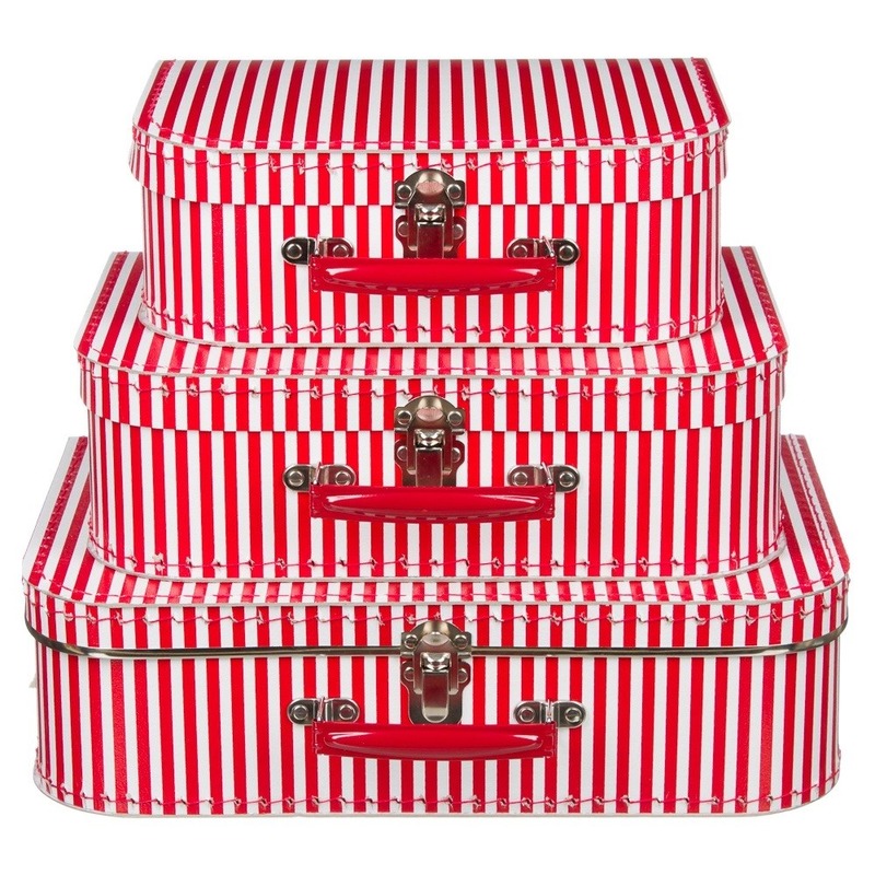 Kinderkamer koffertje rood met witte strepen 30 cm
