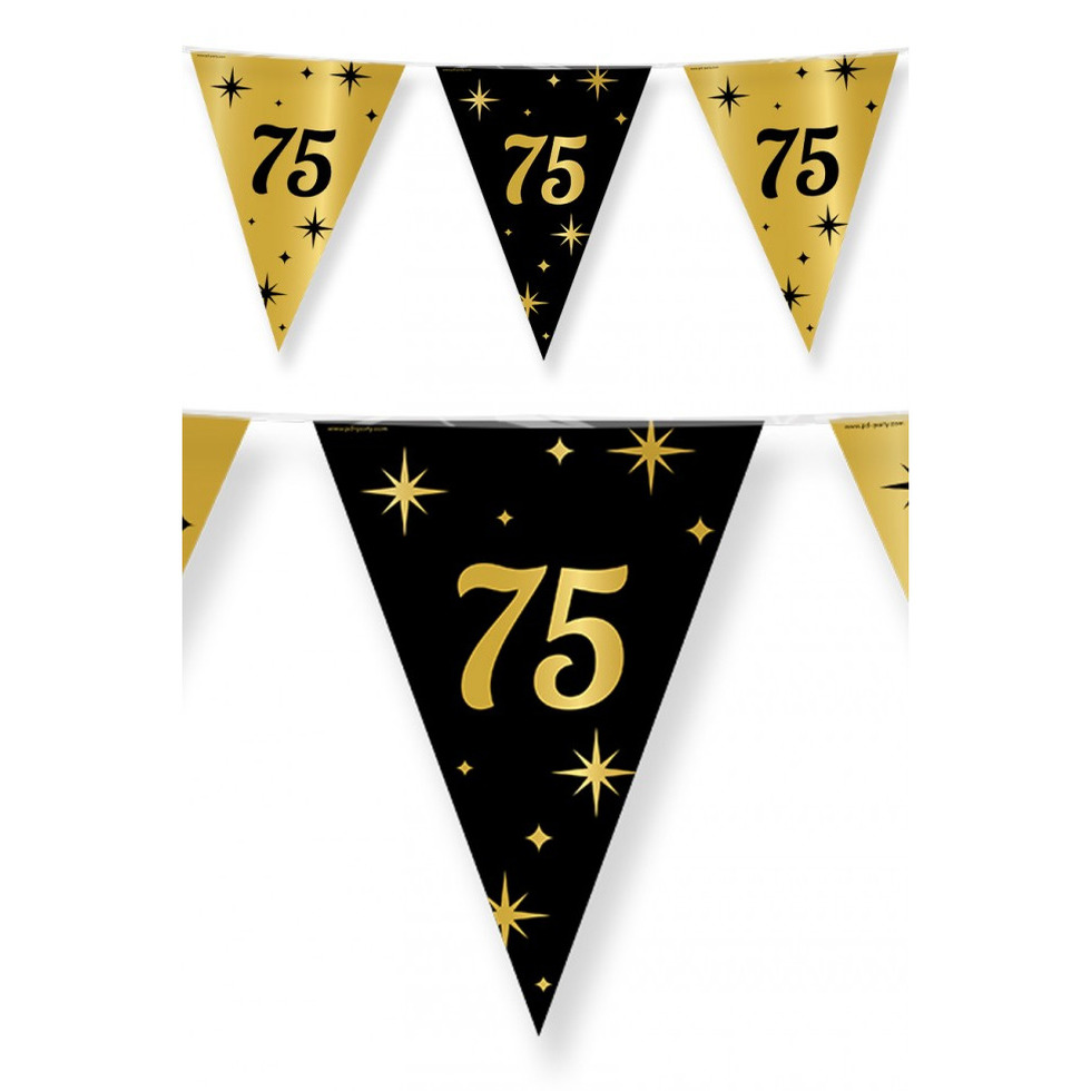 Leeftijd verjaardag feest vlaggetjes 75 jaar geworden zwart/goud 10 meter