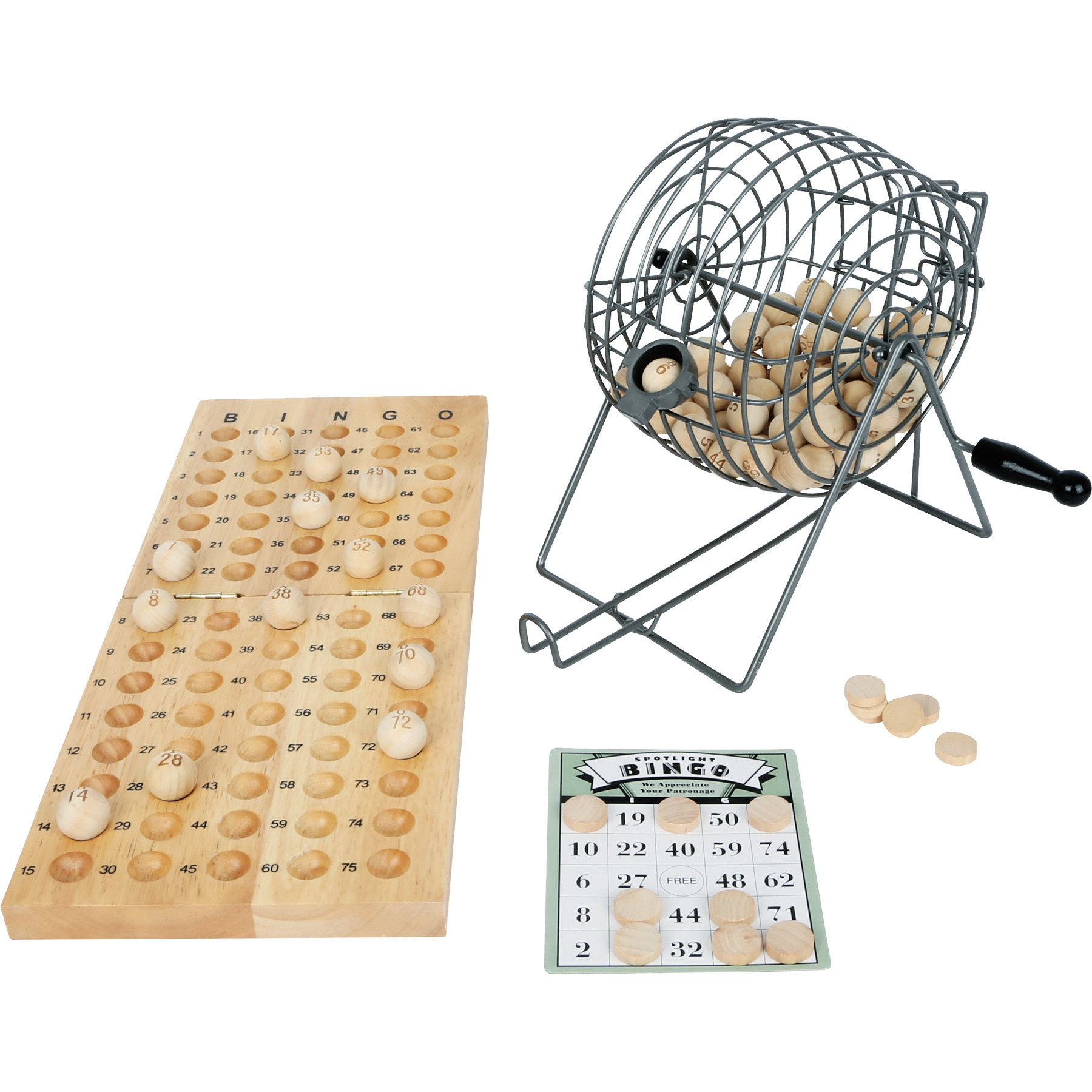 Luxe bingo spel metaal/hout complete set nummers 1-75 met molen en bingokaarten