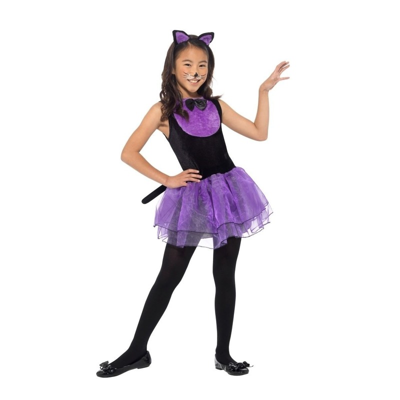 Paars-zwarte kat-poes kostuum voor meiden