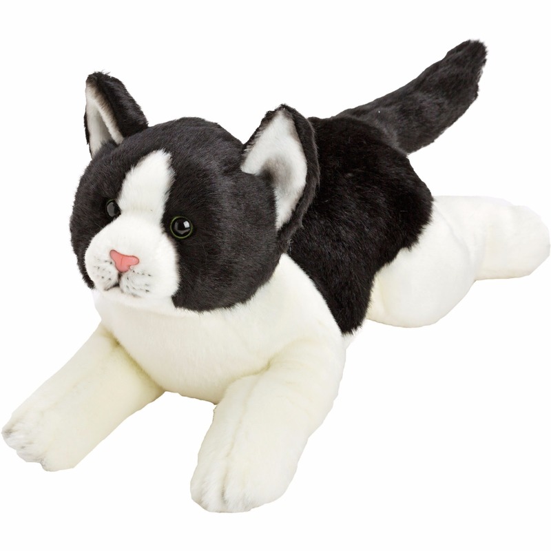Pluche poes-kat knuffel liggend zwart-wit 33 cm