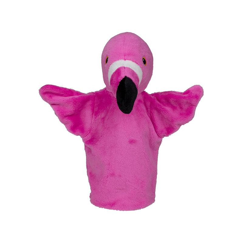 Pluche poppenkast handpop flamingo knuffel van 24 cm