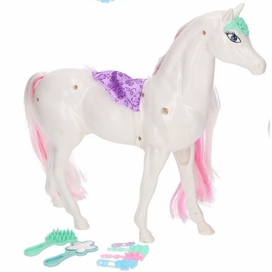 Poppen paard wit/roze met 6 delige verzorgingsset
