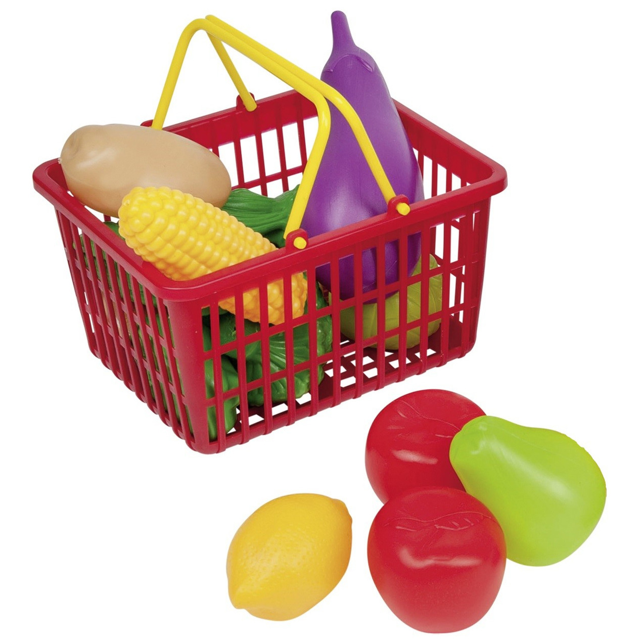 Rood speelgoed boodschappen/winkelmandje met groente en fruit 11-delig
