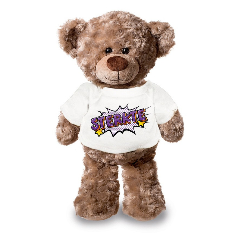 Sterkte pluche teddybeer knuffel 24 cm met wit t-shirt