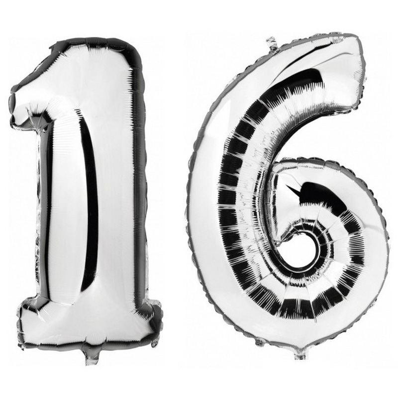 Sweet 16 zilveren folie ballonnen 88 cm leeftijd-cijfer 16 jaar