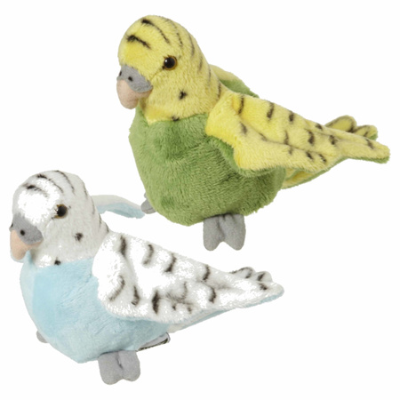 2x soft toy parrots green and blue 16 cm