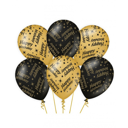6x pieces Birthday party balloons black/gold Happy Birthday theme 30 cm
