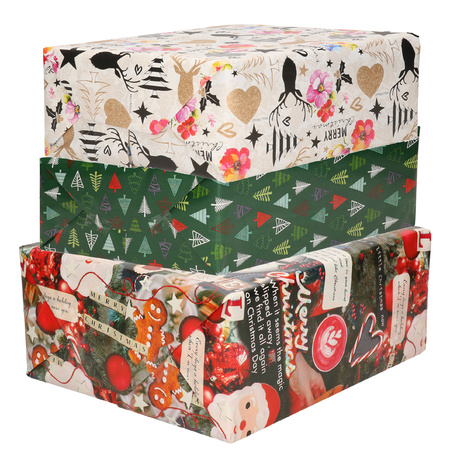 Bellatio Decorations - 9x luxery christmas paper rolls in 3-styles