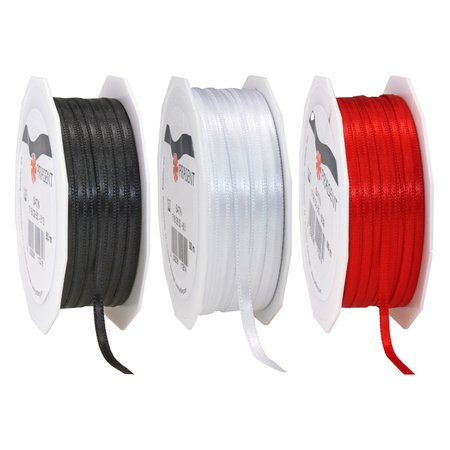 Gift deco ribbons set 3x rolls - black/red/white - 3 mm x 50 meters - hobby/decoration/presents