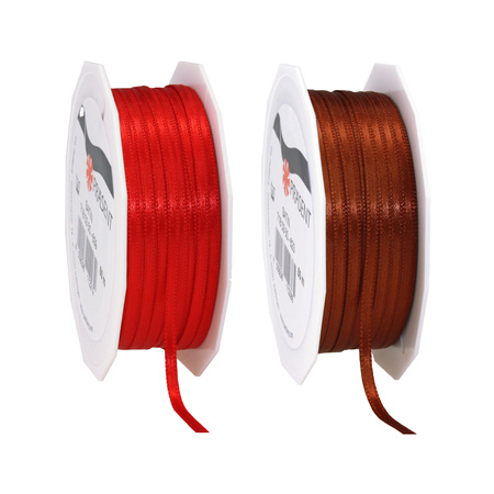 Gift deco ribbons set 2x rolls - copper/red - 3 mm x 50 meters - hobby/decoration/presents