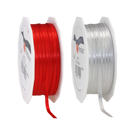 Gift deco ribbons set 2x rolls - silver/red - 3 mm x 50 meters - hobby/decoration/presents
