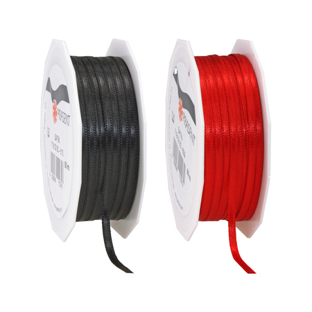 Gift deco ribbons set 2x rolls - black/red - 3 mm x 50 meters - hobby/decoration/presents