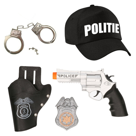 Carnaval verkleed politie agent pet/cap - zwart - met pistool/badge/handboeien - heren/dames