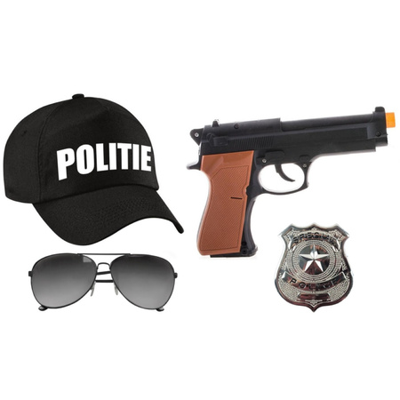 Carnaval verkleed politie agent pet/cap - zwart - pistool/badge/zonnebril - heren/dames