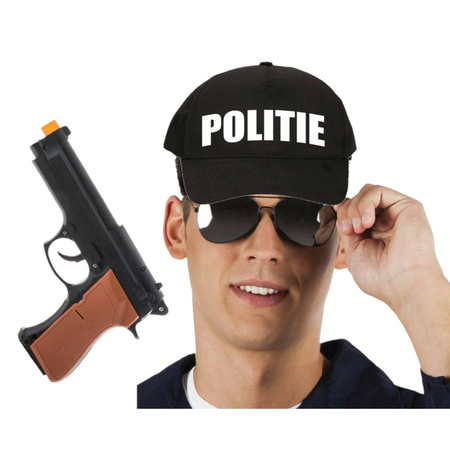 Carnaval verkleed politie agent pet/cap - zwart - pistool/zonnebril - heren/dames