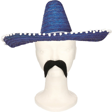 Carnaval verkleed set Gringo - Mexicaanse sombrero hoed - blauw - met Western thema plaksnor