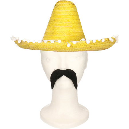 Carnaval verkleed set Gringo - Mexicaanse sombrero hoed - geel - met Western thema plaksnor