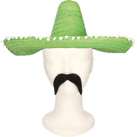 Carnaval verkleed set Gringo - Mexicaanse sombrero hoed - groen - met Western thema plaksnor