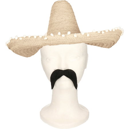 Party carnaval set Gringo - Mexican Somrero hat 45 cm - natural - and natural western moustache