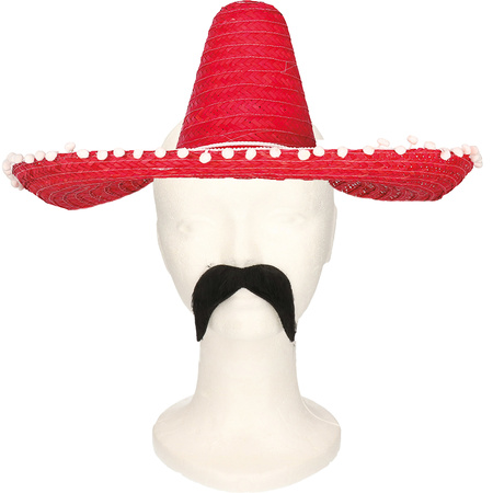 Party carnaval set Gringo - Mexican Somrero hat 45 cm - red - and red western moustache