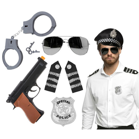 Carnaval police set - hat in black - with sunglasses/shoulder pieces/badge/gun/handcuffs